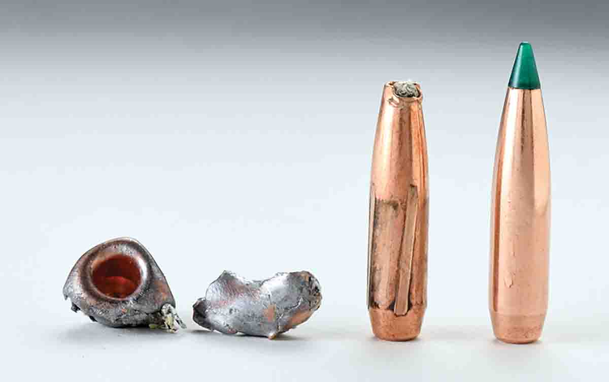 The new Sierra performed as other nonbonded cup-and-core bullets do. The bullet at left was fired up-close at high velocity into wet newsprint expansion medium. The core came out of the jacket as shown. The center bullet was fired at about 1,500 fps into the medium. It tumbled as most bullets would. The bullet at right is the unfired Sierra 140-grain TGK.